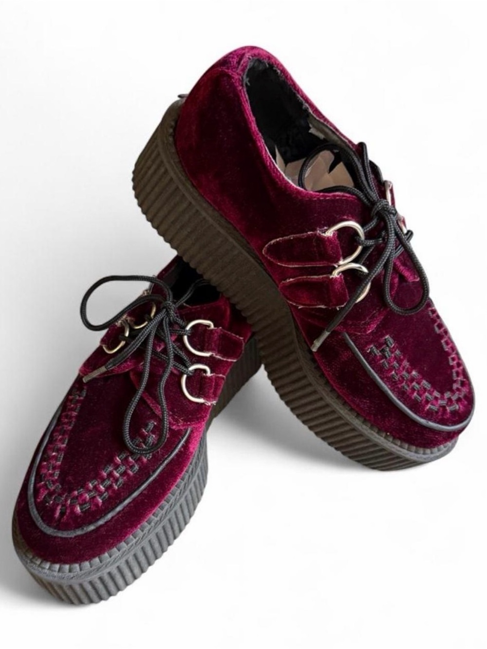 T.U.K Burgundy Velvet Creeper Oxfords with Chunky Black Sole